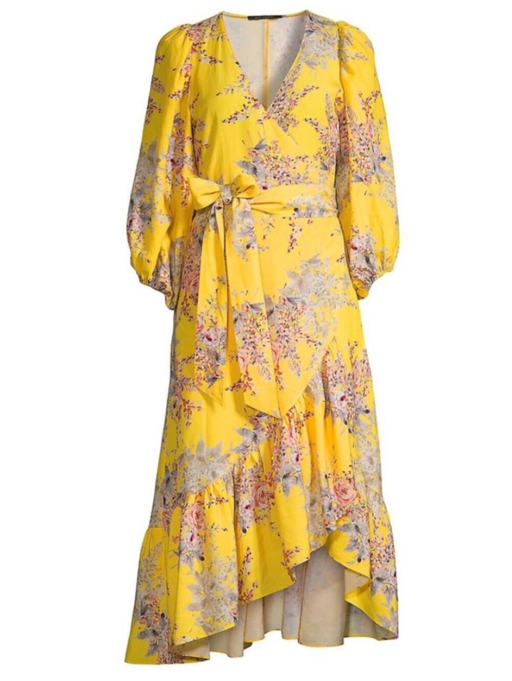 KOBI HALPERIN yellow floral long sleeve maxi wrap dress sz S